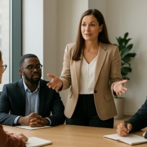 Retail team analysing AI dashboard in modern store