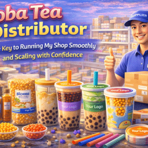 A colorful digital illustration of a boba tea distributor organizing boxes of supplies in a warehouse filled with bubble tea ingredients, branded cups, and sealing film, highlighting the importance of reliable distribution for shop success.